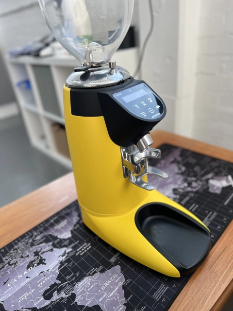 Compak E6 on demand grinder, bright yellow